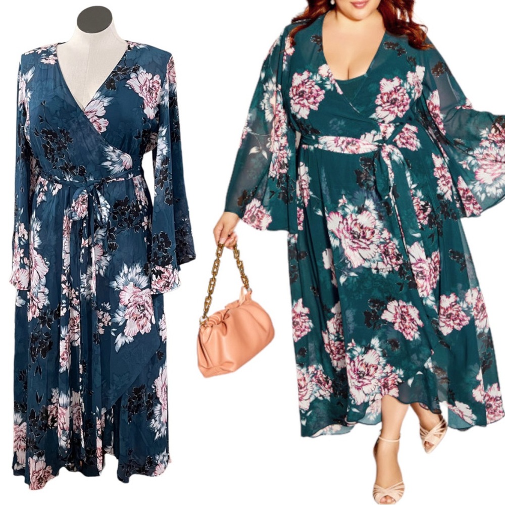 City Chic Plus Sz 18 Fleetwood Print Maxi Dress Jade Blossom Wrap Kimono Sleeve